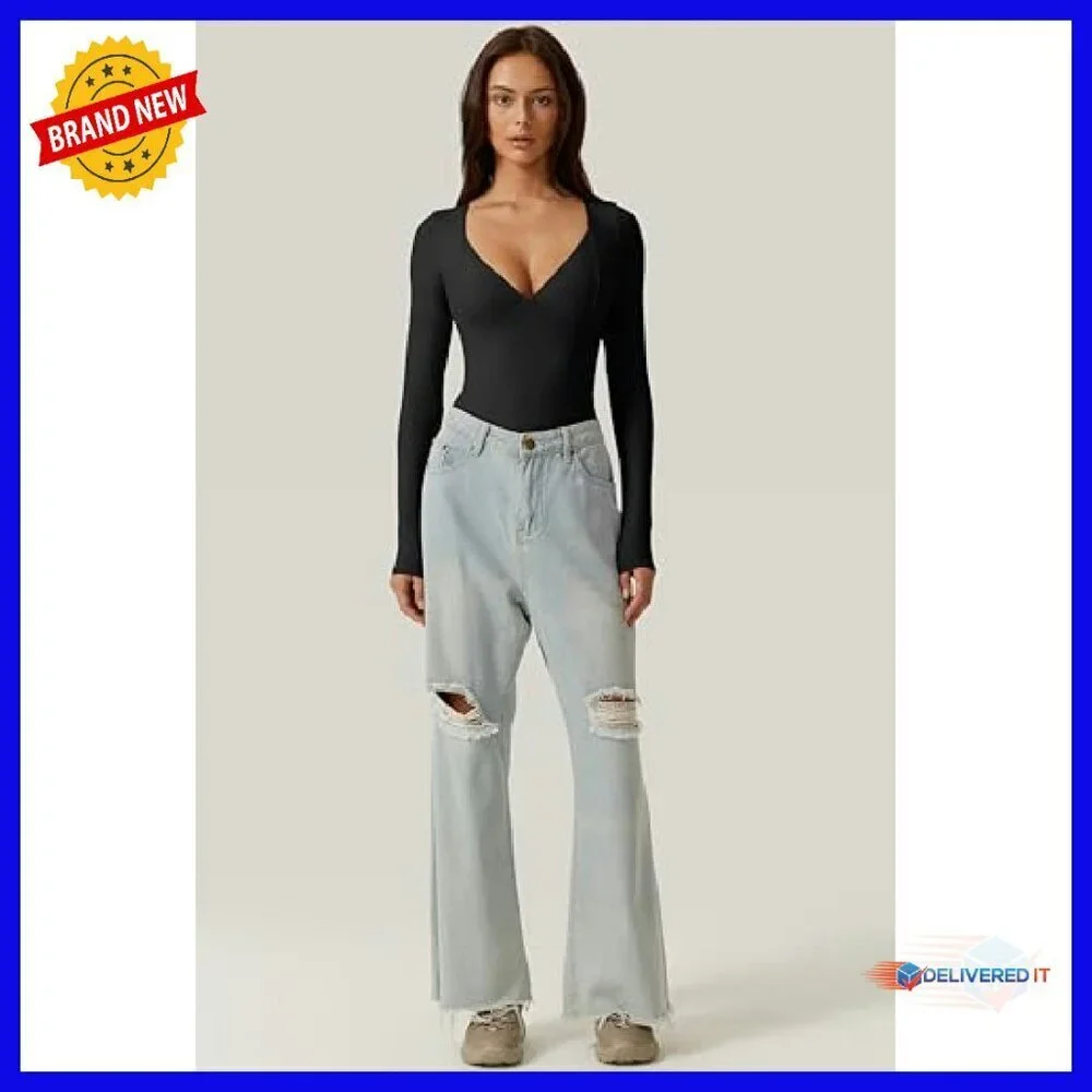Long Sleeve V Neck Bodysuit Seamed Cup Sculpting Tops